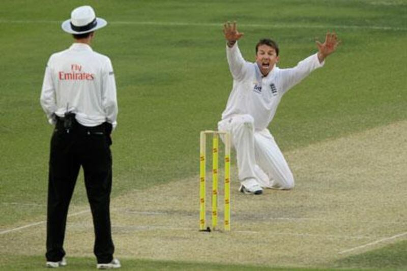 England spin bowler Graeme Swan, right, appeals to umpire Billy Bowden for the wicket of Pakistan captain Misbah-ul-Haq.