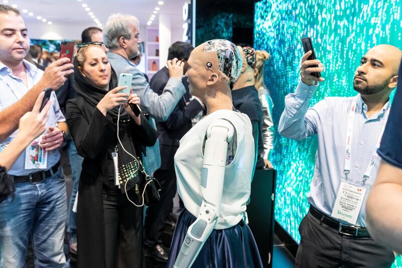 DUBAI, UNITED ARAB EMIRATES. 14 OCTOBER 2018. GITEX 2019. The Saudi robot Sofia at the Etisalat stand. (Photo: Antonie Robertson/The National) Journalist: Patrick Ryan. Section: National.