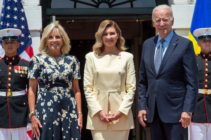 Jill Biden, US first lady, left, and US President Joe Biden welcome the first lady of Ukraine, Olena Zelenska, to the White House. EPA