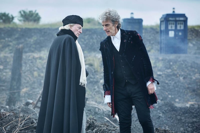 In this undated handout photo, actors David Bradley and Peter Capaldi in a scene from the Christmas episode of the show â€œDoctor Whoâ€œ. The global success of the venerable sci-fi series means that fans around the world will also tune in Saturday to watch Peter Capaldi's final adventure as the space-hopping Time Lord known as the Doctor. (Simon Ridgway/ BBC Worlwide Limited via AP)