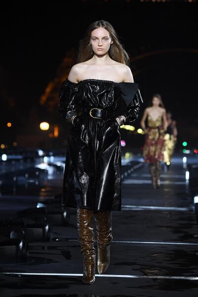 PARIS, FRANCE - SEPTEMBER 24: A model walks the runway during the Saint Laurent Womenswear Spring/Summer 2020 show as part of Paris Fashion Week on September 24, 2019 in Paris, France. (Photo by Pascal Le Segretain/Getty Images)