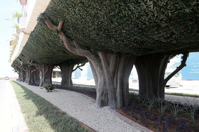 DUBAI ,  UNITED ARAB EMIRATES , AUGUST 29 – 2019 :- Artificial trees under the bridge near the Atlantis hotel on Palm Jumeirah in Dubai. ( Pawan Singh / The National ) For News. Story by Kelly
