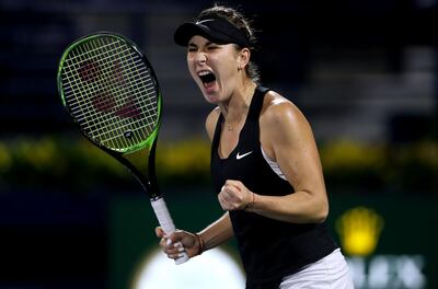 DUBAI, UNITED ARAB EMIRATES - FEBRUARY 21:  Belinda Bencic of Switzerland celebrates a point in her singles match against Simona Halep of Romania during day five of the Dubai Duty Free Tennis Championships at Dubai Tennis Stadium on February 21, 2019 in Dubai, United Arab Emirates. (Photo by Francois Nel/Getty Images)