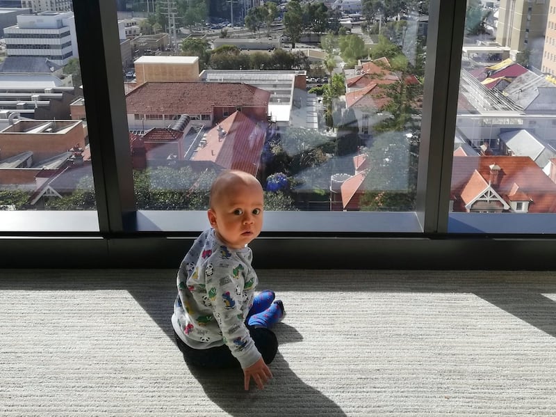 Ronan O'Connell's son, then aged 10 months, during the family's two-week quarantine in Australia. Photo: Ronan O'Connell