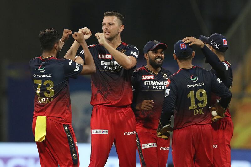 Josh Hazlewood of Royal Challengers Bangalore celebrates after taking the wicket of Rovman Powell of Delhi Capitals. Sportzpics for IPL