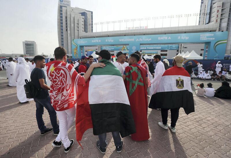 Abu Dhabi, United Arab Emirates - January 29, 2019: UAE fans before the semi final between the UAE and Qatar in the Asian Cup 2019. Tuesday, January 29th, 2019 at Mohamed Bin Zayed Stadium Stadium, Abu Dhabi. Chris Whiteoak/The National