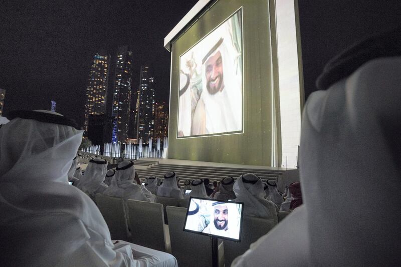 ABU DHABI, UNITED ARAB EMIRATES - February 26, 2018: A video of HH Sheikh Zayed bin Sultan bin Zayed Al Nahyan, President of the United Arab Emirates, is played during the inauguration of The Founder’s Memorial.  
( Ryan Carter for the Crown Prince Court - Abu Dhabi )
---
