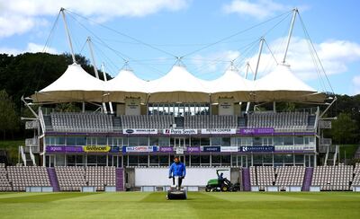 SOUTHAMPTON, ENGLAND - MAY 11: A general view as Hampshire CCC Groundsman Simon Lee works on the wicket at The Ageas Bowl on May 11, 2020 in Southampton, England. (Photo by Alex Davidson/Getty Images)