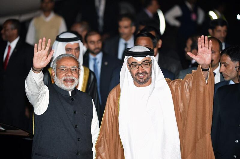 Sheikh Mohammed Bin Zayed, Crown Prince of Abu Dhabi and Deputy Supreme Commander of the Armed Forces, and the Indian prime minister Narendra Modi during Sheikh Mohammed's state visit to India last year. He is to be the chief guest at the country's Republic Day celebrations, an honour that in the past has gone to leaders such as Barack Obama and Francois Hollande. Prakash Singh / AFP