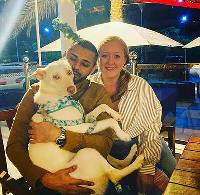 Albi, with owners Kareem Kerry and his wife Lauren. Albi, a two-year-old husky, died after it was left in a car for seven hours by a handler at a centre in Dubai.