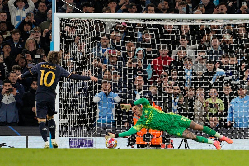 MANCHESTER CITY RATINGS: Good stop from Rodrygo but couldn’t stop same player scoring from rebound. Not called into serious action again until penalty save from Modric in shoot-out when Brazilian keeper was also an unlikely scorer. AP
