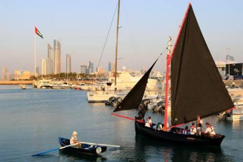 ABU DHABI - 03JAN2012- Nora Bheag, century old Galway 'Hooker' boat, has arrived safely into Abu Dhabi after an historic voyage that set out from the city on Ireland's West Coast more than six weeks ago sailing at breakwater on Corniche in Abu Dhabi. Ravindranath K / The National  