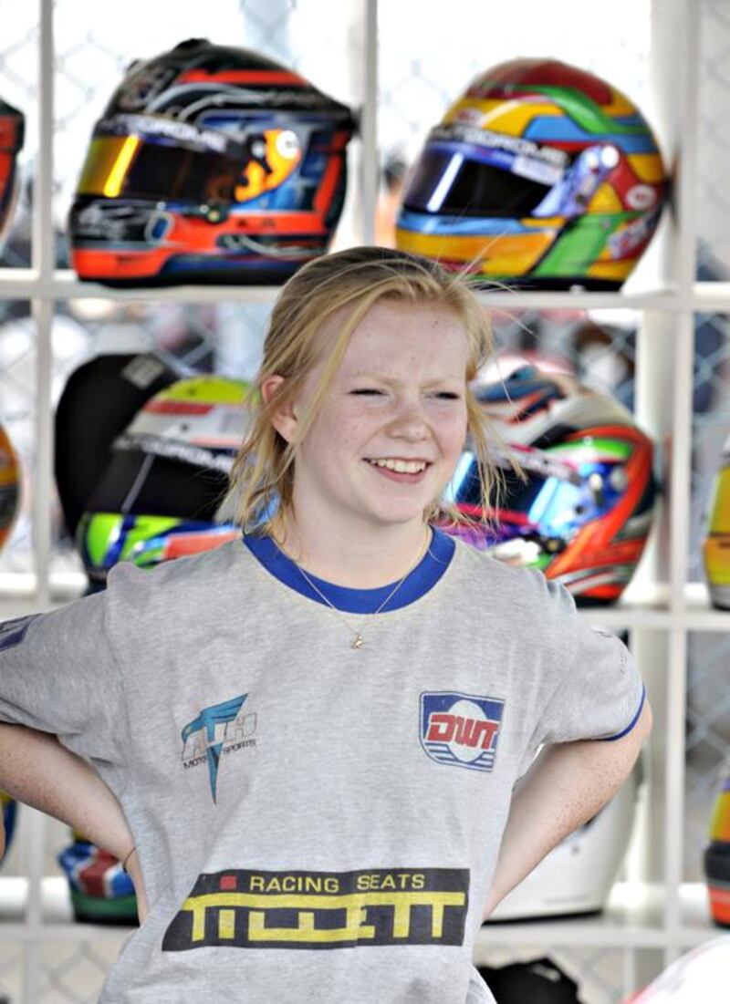 Logan Hannah, 12, was the only girl in a field of 15 drivers, ages 7-14, during the qualifying rounds at the Dubai Kartdrome. Jeff Topping for The National