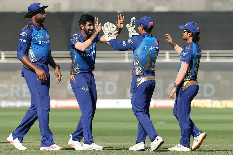 Jasprit Bumrah of Mumbai Indians celebrates the wicket of Marcus Stoinis of Delhi Capitals during match 51 of season 13 of the Dream 11 Indian Premier League (IPL) between the Delhi Capitals and the Mumbai Indians held at the Dubai International Cricket Stadium, Dubai in the United Arab Emirates on the 31st October 2020.  Photo by: Ron Gaunt  / Sportzpics for BCCI