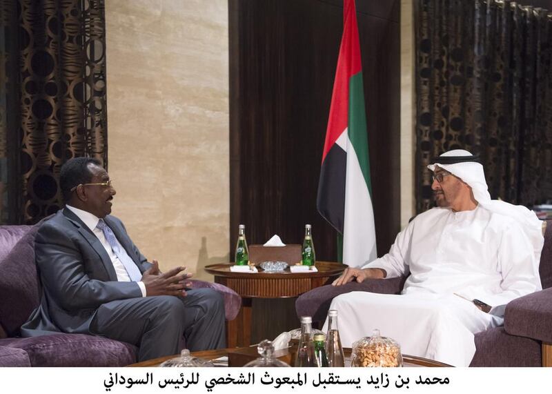 Sheikh Mohammed bin Zayed, Crown Prince of Abu Dhabi and Deputy Supreme Commander of the Armed Forces, meets with Lt Gen Taha Al Hussain, Special Envoy of the Sudanese President, Minister of State and Director of the President’s Office, on Wednesday at the Al Shati Palace.