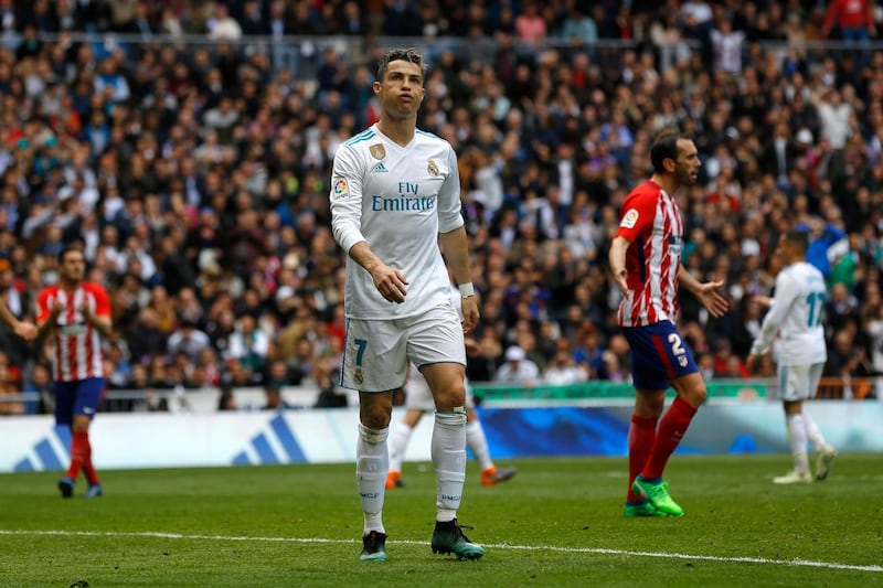 Real Madrid's Cristiano Ronaldo gestures during the Spanish La Liga soccer match between Real Madrid and Atletico Madrid at the Santiago Bernabeu stadium in Madrid, Sunday, April 8, 2018. Ronaldo scored once and the match ended in a 1-1 draw. (AP Photo/Francisco Seco)