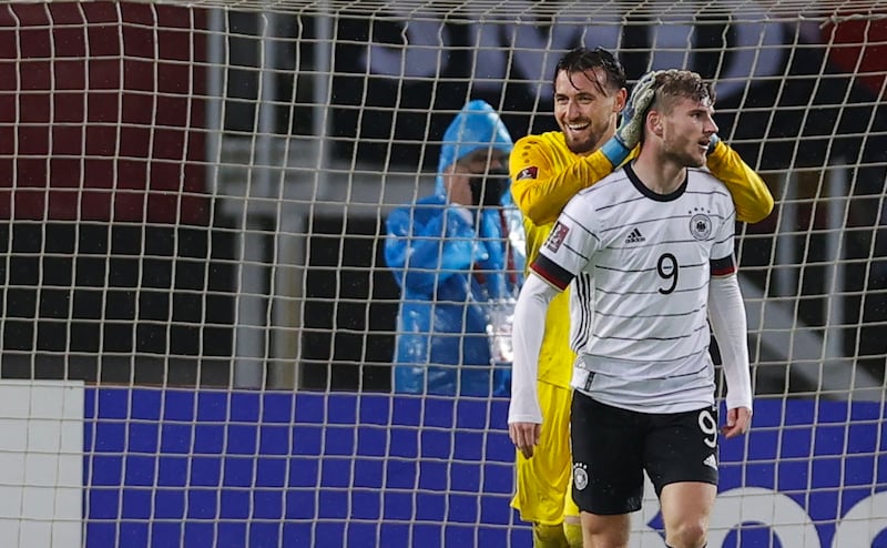 North Macedonia goalkeeper Stole Dimitrievski reacts with Germany's Timo Werner. EPA