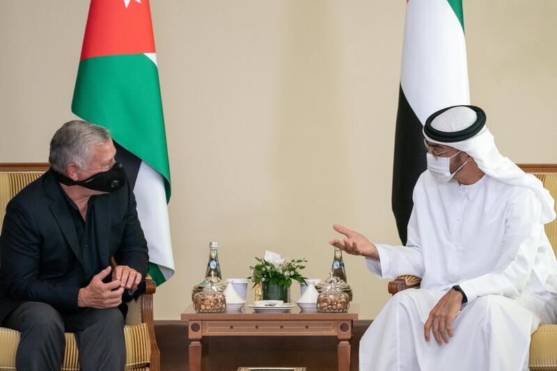 ABU DHABI, UNITED ARAB EMIRATES - July 22, 2020: HH Sheikh Mohamed bin Zayed Al Nahyan, Crown Prince of Abu Dhabi and Deputy Supreme Commander of the UAE Armed Forces (R), meets with HM King Abdullah II, King of Jordan (L).

( Rashed Al Mansoori / Ministry of Presidential Affairs )
---