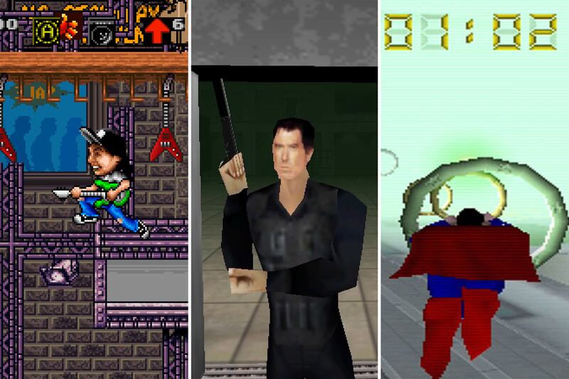 From left, Wayne’s World; Goldeneye 007; and Superman 64. Photo: Capstone Software, Nintendo and Titus Interactive