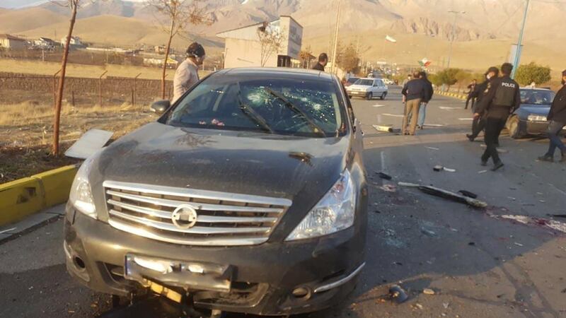 A view shows the scene of the attack that killed Prominent Iranian scientist Mohsen Fakhrizadeh, outside Tehran, Iran, November 27, 2020. WANA (West Asia News Agency) via REUTERS