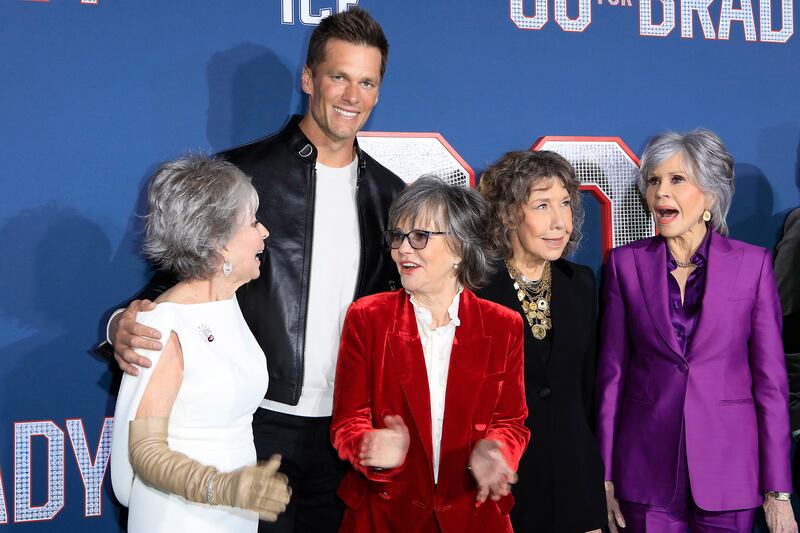 From left: Rita Moreno, Tom Brady, Sally Field, Lily Tomlin and Jane Fonda at the premiere of '80 For Brady' in California. EPA