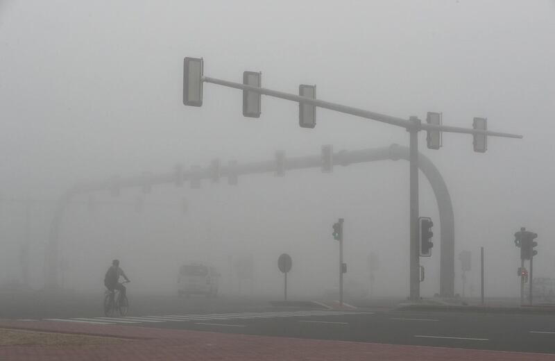 DUBAI, UNITED ARAB EMIRATES , April 08 – 2020 :- View of the early morning fog in Discovery Gardens area in Dubai. Dubai is conducting 24 hours sterilisation programme across all areas and communities in the Emirate and told residents to stay at home. UAE government told residents to wear face mask and gloves all the times outside the home whether they are showing symptoms of Covid-19 or not. (Pawan Singh/The National) For News/Online/Instagram/Standalone