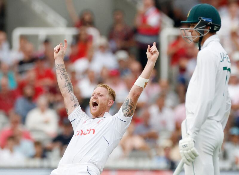 Ben Stokes celebrates after taking the wicket of South Africa's Rassie van der Dussen. Reuters
