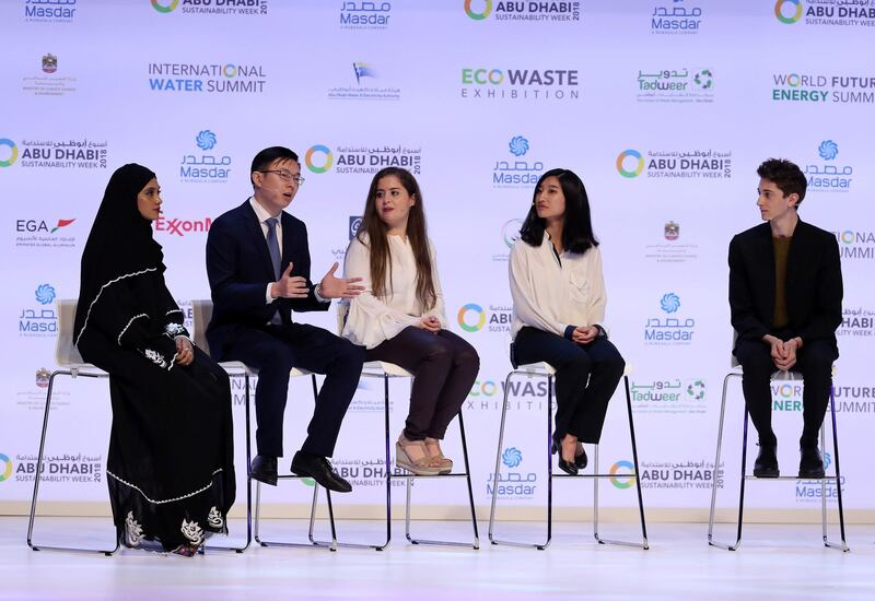 Abu Dhabi, United Arab Emirates - January 15th, 2018: The Youth Panel speak at the Sheikh Zayed Future Energy Prize awards ceremony as part of Abu Dhabi Sustainability Week. Monday, January 15th, 2018 at Abu Dhabi National Exhibition Centre (ADNEC), Abu Dhabi. Chris Whiteoak / The National