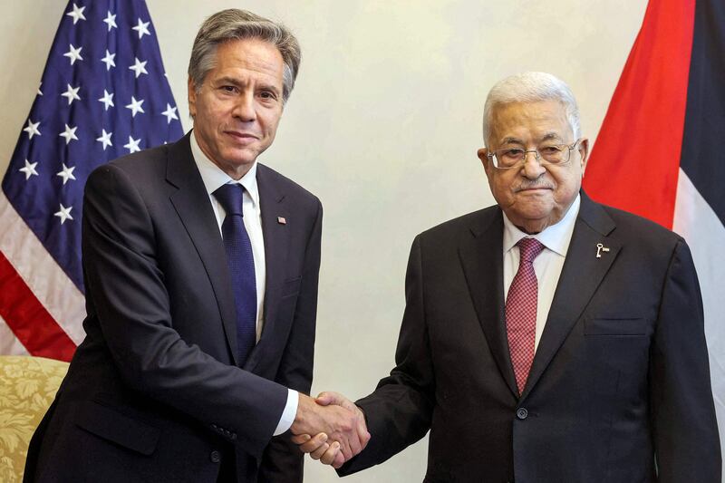 Mr Blinken meets Palestinian President Mahmoud Abbas, in Amman. AFP