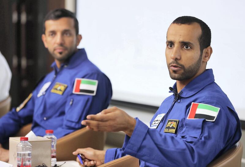 DUBAI, UNITED ARAB EMIRATES , Nov 12  – 2019 :- Hazza Al Mansouri (right) and Sultan Al Neyadi (left), UAE Astronauts during the press conference held at Dubai Media Office at the World Trade Centre in Dubai. ( Pawan Singh / The National )  For News. Story by Patrick