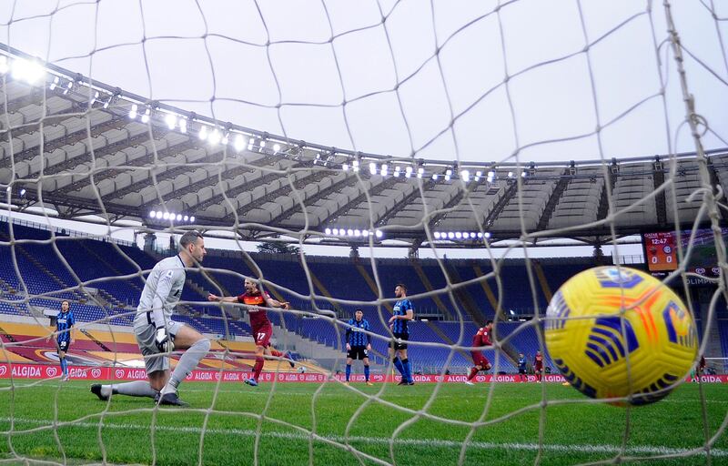 Inter Milan goalkeeper Samir Handanovic is beaten by Roma's Lorenzo Pellegrini's strike. Reuters