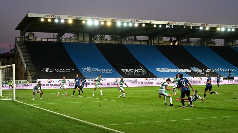 Empty stands at the Gewiss Stadium. AFP