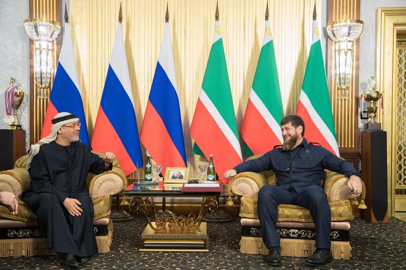 Chechen leader Ramzan Kadyrov, right, meets Khalifa Fund chairman Hussain Jasim Al Nowais