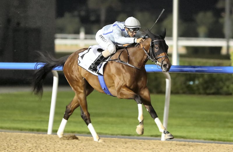 DUBAI , UNITED ARAB EMIRATES , Dec 19  – 2019 :- Royston Ffrench (no 1) guides Down On Da Bayou (USA) to win the 2nd horse race Yahsat trophy 1400m dirt at the Meydan Racecourse in Dubai. ( Pawan Singh / The National ) For Sports. Story by Amith