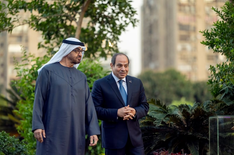 Sheikh Mohamed is received by Mr El Sisi. Photo: Hamad Al Kaabi / UAE Presidential Court