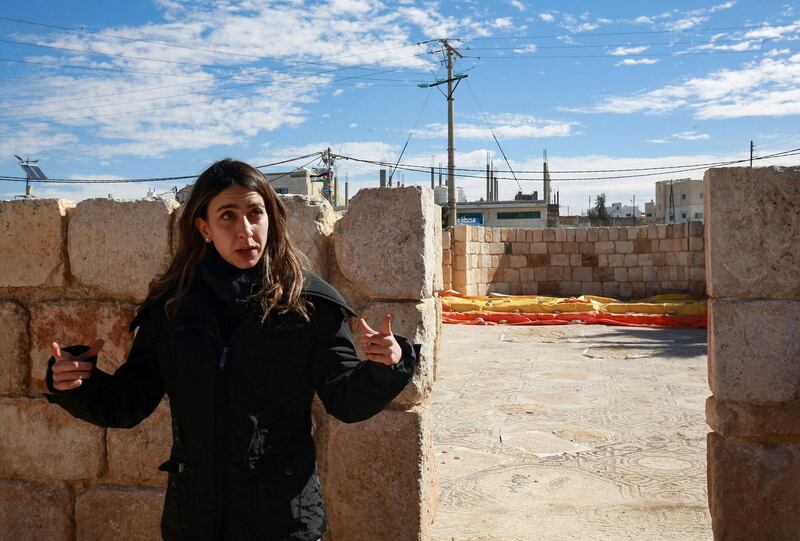 Project manager Dania Dirani speaks to reporters at the site of the Byzantine church complex at Rihab, Jordan. AFP