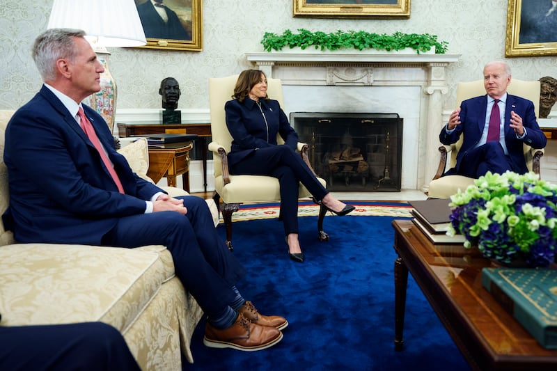 Kevin McCarthy, Speaker of the House of Representatives, left, Vice President Kamala Harris and President Biden at the White House. AP