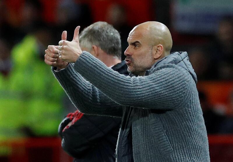 Manchester City manager Pep Guardiola gestures during the Manchester derby. Phil Noble / Reuters