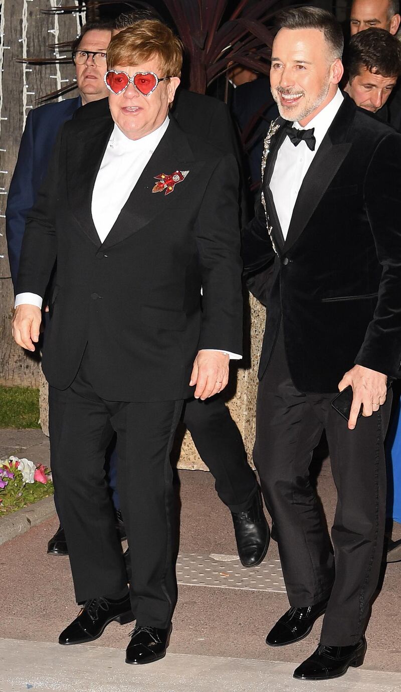 Sir Elton John and David Furnish attend the "Rocketman" Gala Party during the 72nd annual Cannes Film Festival on May 16, 2019 in Cannes, France. (Photo by Gareth Cattermole/Getty Images)