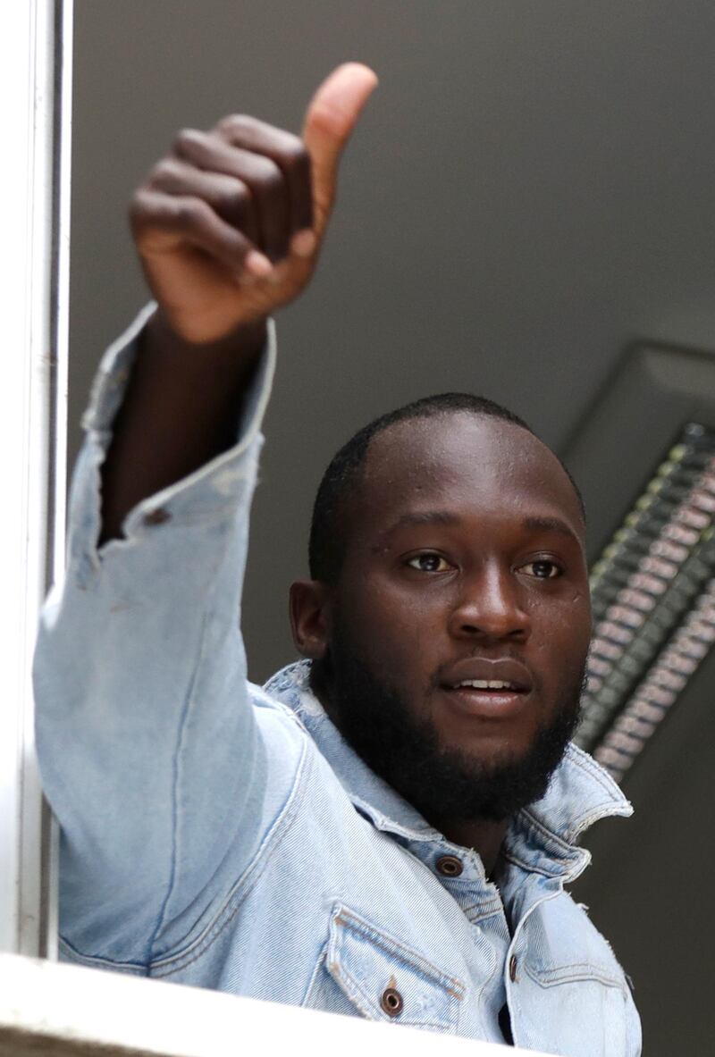 Romelu Lukaku looks happy after his move from Manchester United to Inter Milan for £74m was completed. AP Photo