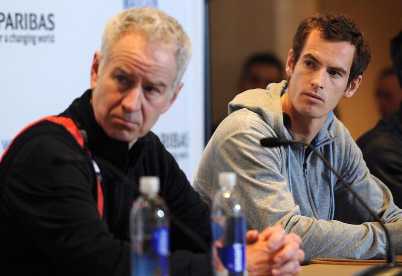 John McEnroe, left, and Andy Murray look on during the BNP Paribas Showdown press conference at Essex House on March 3, 2014 in New York City. Maddie Meyer / Getty Images
