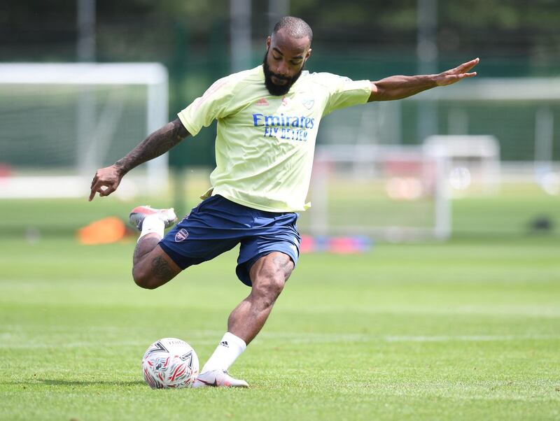ST ALBANS, ENGLAND - JULY 29: Alex Lacazette of Arsenal during a training session at London Colney on July 29, 2020 in St Albans, England. (Photo by Stuart MacFarlane/Arsenal FC via Getty Images)