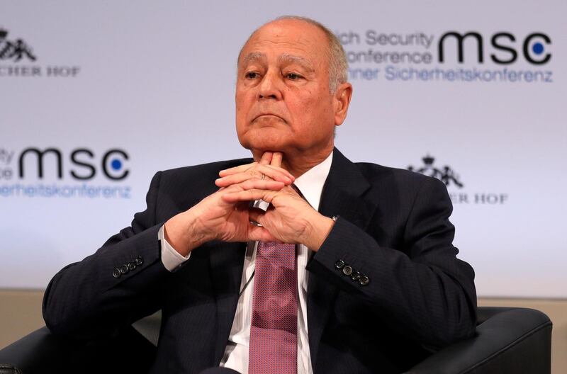 epa07376655 Ahmed Aboul-Gheit, the Secretary General of the League of Arab States, attends a discussion during the 55th Munich Security Conference (MSC) in Munich, Germany, 17 February 2019. From 15 to 17 February, politicians, various experts and guests from all over the world will discuss global security issues in the annual meeting.  EPA/RONALD WITTEK