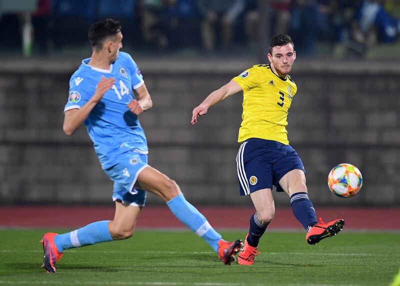 Liverpool's Andrew Robertson in action for Scotland against San Marino. He missed the trip to Kazakhstan due to a dental issue. Reuters