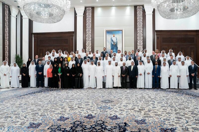 ABU DHABI, UNITED ARAB EMIRATES - May 21, 2019: HH Sheikh Tahnoon bin Mohamed Al Nahyan, Ruler's Representative in Al Ain Region (front row 10th R), HH Sheikh Mohamed bin Zayed Al Nahyan, Crown Prince of Abu Dhabi and Deputy Supreme Commander of the UAE Armed Forces (front row 11th R) and HH Sheikh Mohamed bin Rashid Al Maktoum, Vice-President, Prime Minister of the UAE, Ruler of Dubai and Minister of Defence (front row 12th R), stand for a photograph with Special Olympics sponsors, during an iftar reception at Al Bateen Palace. Seen with Yusuff Ali Managing Director Emke Group, HE Mohamed Mubarak Al Mazrouei, Undersecretary of the Crown Prince Court of Abu Dhabi and HE Dr Sultan Ahmed Al Jaber, UAE Minister of State, Chairman of Masdar and CEO of ADNOC Group.

( Eissa Al Hammadi for the Ministry of Presidential Affairs )
---