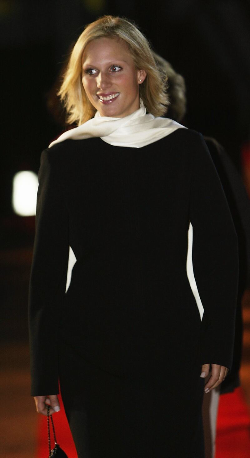 Zara Phillips, wearing a black dress and white pashmina shall, attends the naming ceremony of P&O Cruises' 'Adonia and Oceana' on May 21, 2003 in Southampton, England. Getty Images