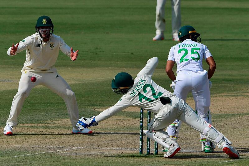 South Africa captain and wicketkeeper Quinton de Kock drops a catch off Pakistand batsman Fawad Alam during Day 2 at the National Stadium. AFP
