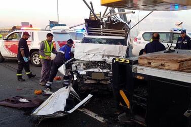 The pick-up truck ploughed into the back of the lorry when it came to a sudden stop. Courtesy: Dubai Police