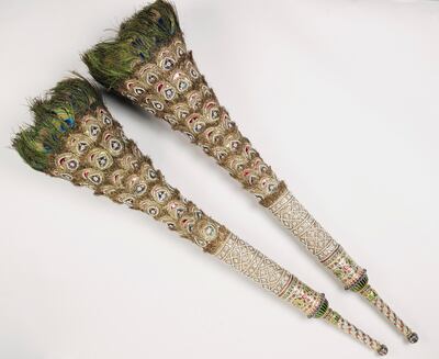 Pair of morchals (fly whisks) constructed of peacock feathers, inlaid with diamonds and set with layered bands of gold tinsel.
<br/>
<br/>For single use only in relation to: Splendours of the Subcontinent: A Prince's Tour of India 1875-6. Not to be archived or sold on.
<br/>Credit line: Royal Collection Trust / vÉ¬ÇvÇ¬© Her Majesty Queen Elizabeth II 2017
<br/>
