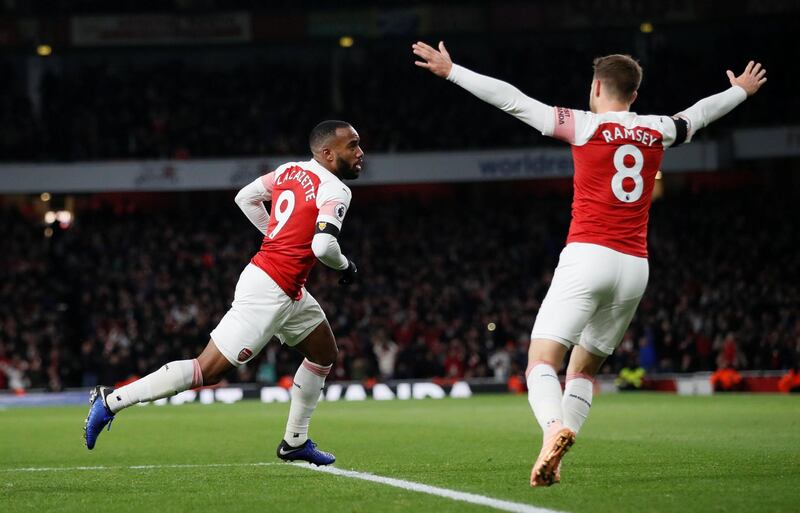 Soccer Football - Premier League - Arsenal v Liverpool - Emirates Stadium, London, Britain - November 3, 2018  Arsenal's Alexandre Lacazette celebrates scoring their first goal   REUTERS/David Klein  EDITORIAL USE ONLY. No use with unauthorized audio, video, data, fixture lists, club/league logos or "live" services. Online in-match use limited to 75 images, no video emulation. No use in betting, games or single club/league/player publications.  Please contact your account representative for further details.